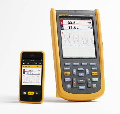 Fluke 125B ScopeMeter vista frontal com iPhone