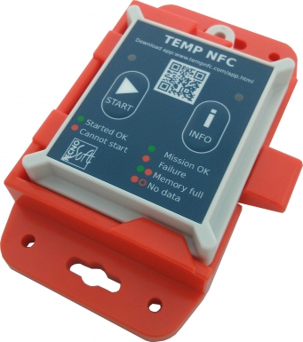 Tecnosoft TempNFC Registador de Temperatura sem contacto suporte parede vista frontal lateral